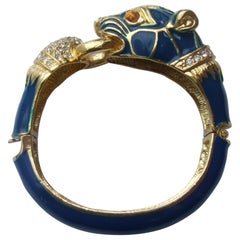 Gilt Metal Crystal Panther Blue Enamel Hinged Bangle Bracelet c 1980s