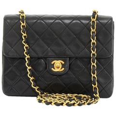 Vintage Chanel 8" Flap Black Quilted Leather Shoulder Mini Bag