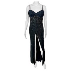 Retro Gianni Versace S/S 1996 Runway Embellished Bustier Black Evening Dress Gown 
