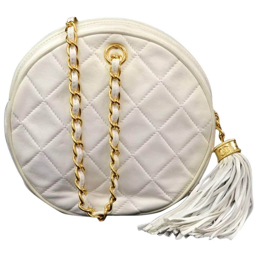 Vintage Chanel White Quilted Leather Fringe Round Pouch Bag