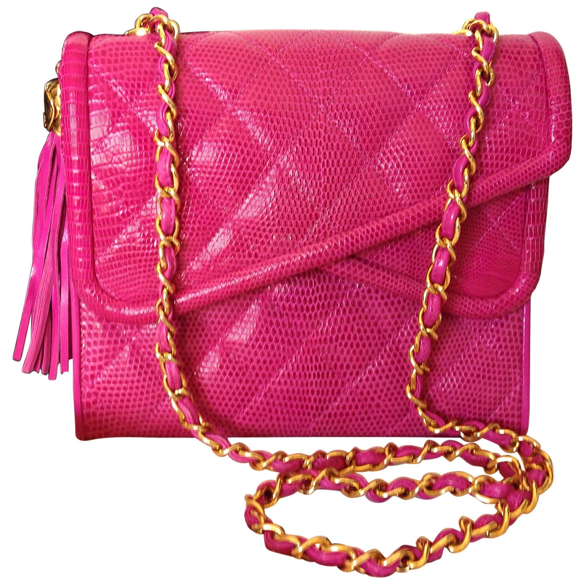 MINT. Vintage CHANEL hot pink genuine lizard double envelop style shoulder bag