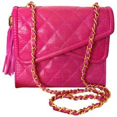MINT. Retro CHANEL hot pink genuine lizard double envelop style shoulder bag