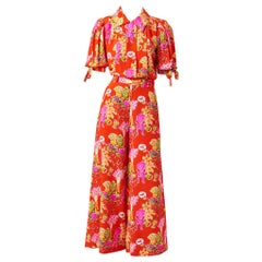 Vintage Yves Saint Laurent Rive Gauche Silk Floral Print Pajama Ensemble.