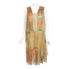 Antique 1920's Metallic Gold Floral Lamé Lace Asymmetric Draped Flapper Dress