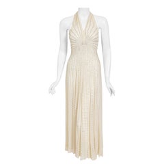 Vintage 1930's Rhinestone Studded Sheer Ivory Chiffon Bias-Cut Halter Dress Gown