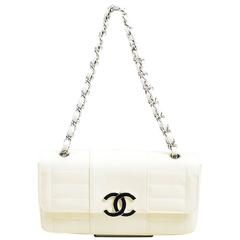 Chanel Cream Silver Tone Quilted Patent Leather 'CC' Logo Flap Chain Strap Bag