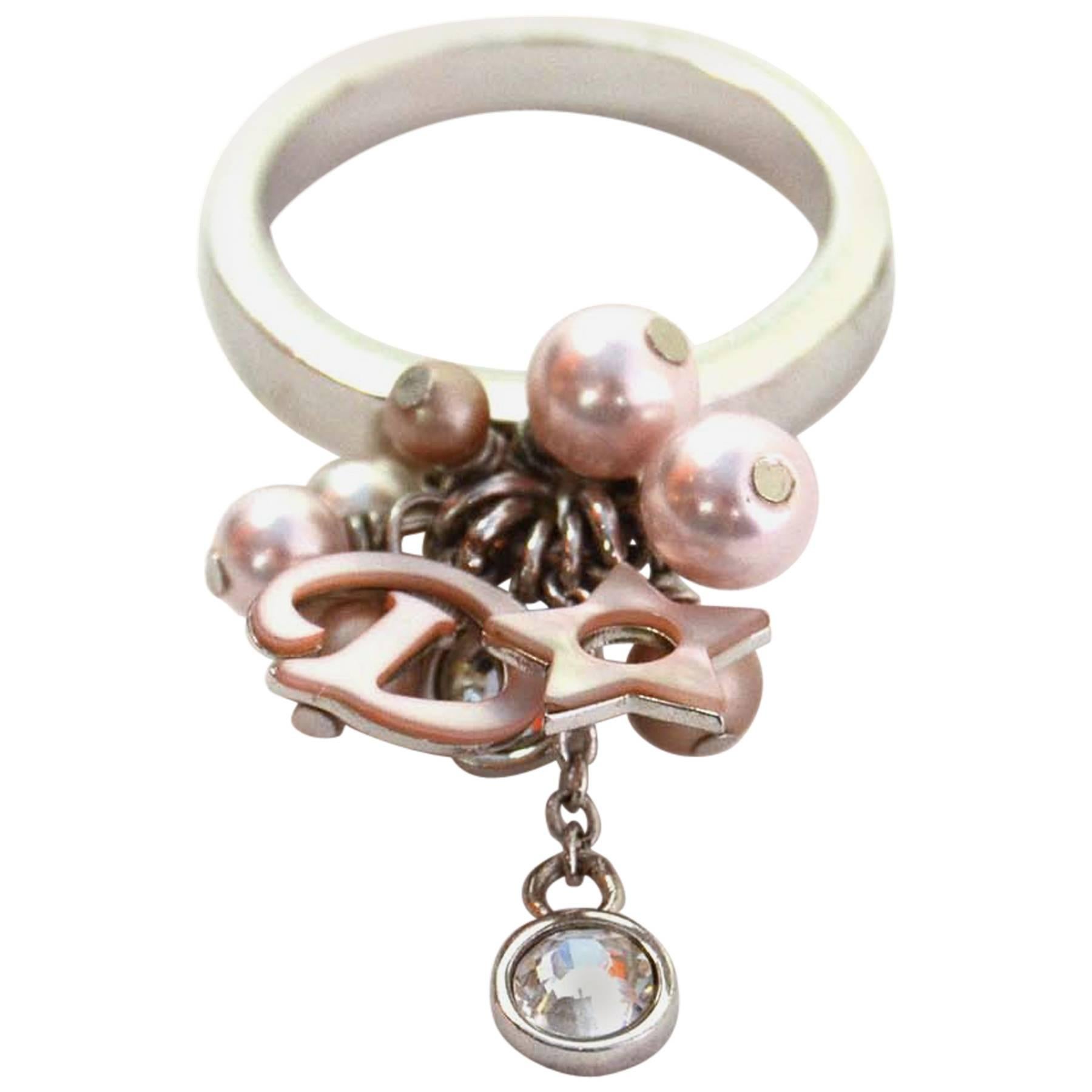 Christian Dior Pink Pearl and Charm Cluster Ring sz 7