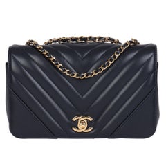 CHANEL Navy Chevron Quilted Lambskin Mini Statement Classic Single Flap Bag