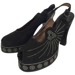 Vintage 1940s black suede peep toe studded sling back platform high heel shoes 7 1/2M