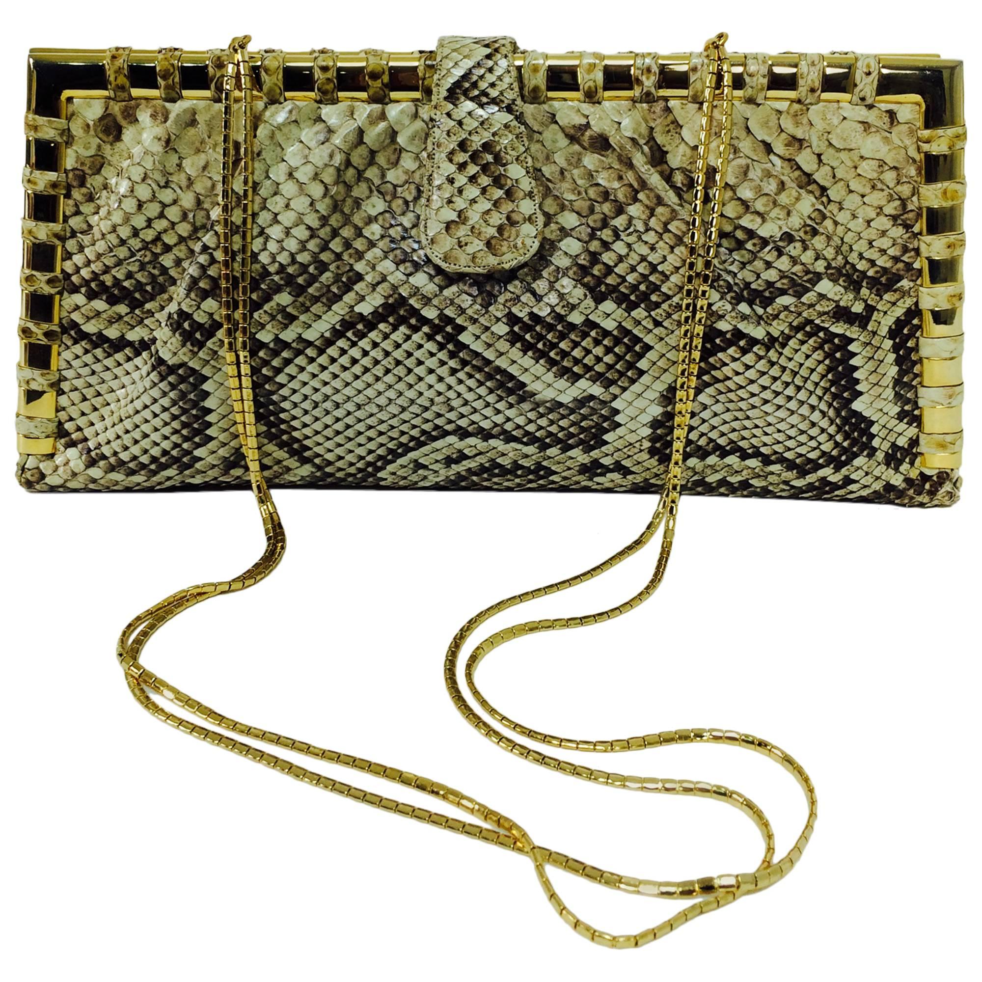 Judith Leiber natural python gold frame snake chain handbag or clutch 