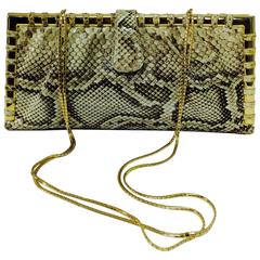 Judith Leiber natural python gold frame snake chain handbag or clutch 