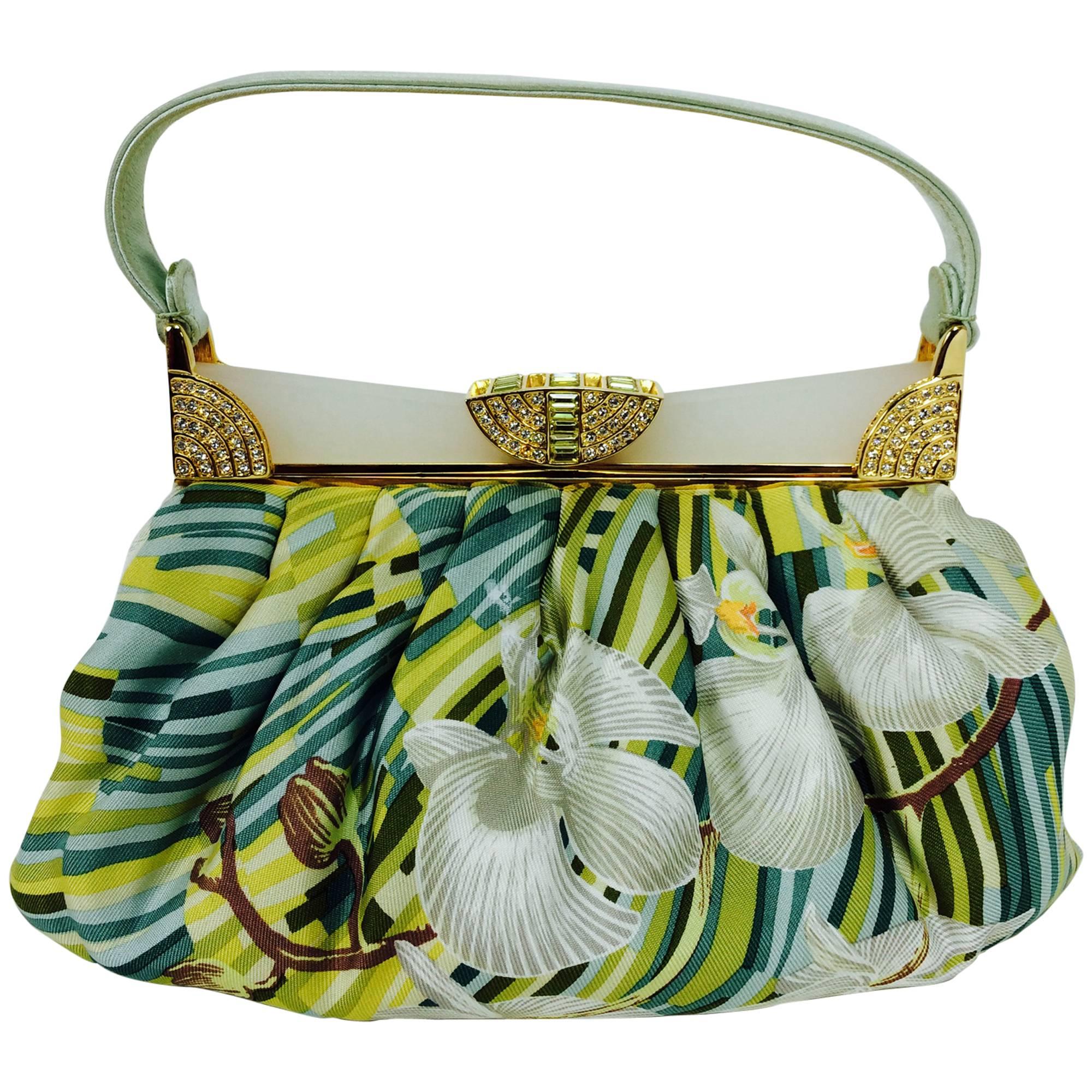 Judith Leiber plexiglass & jewel frame silk tropical orchid print handbag 
