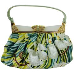 Judith Leiber plexiglass & jewel frame silk tropical orchid print handbag 2