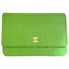 New Chanel Wallet on a Chain - Lambskin - Green with Embossed Camellias