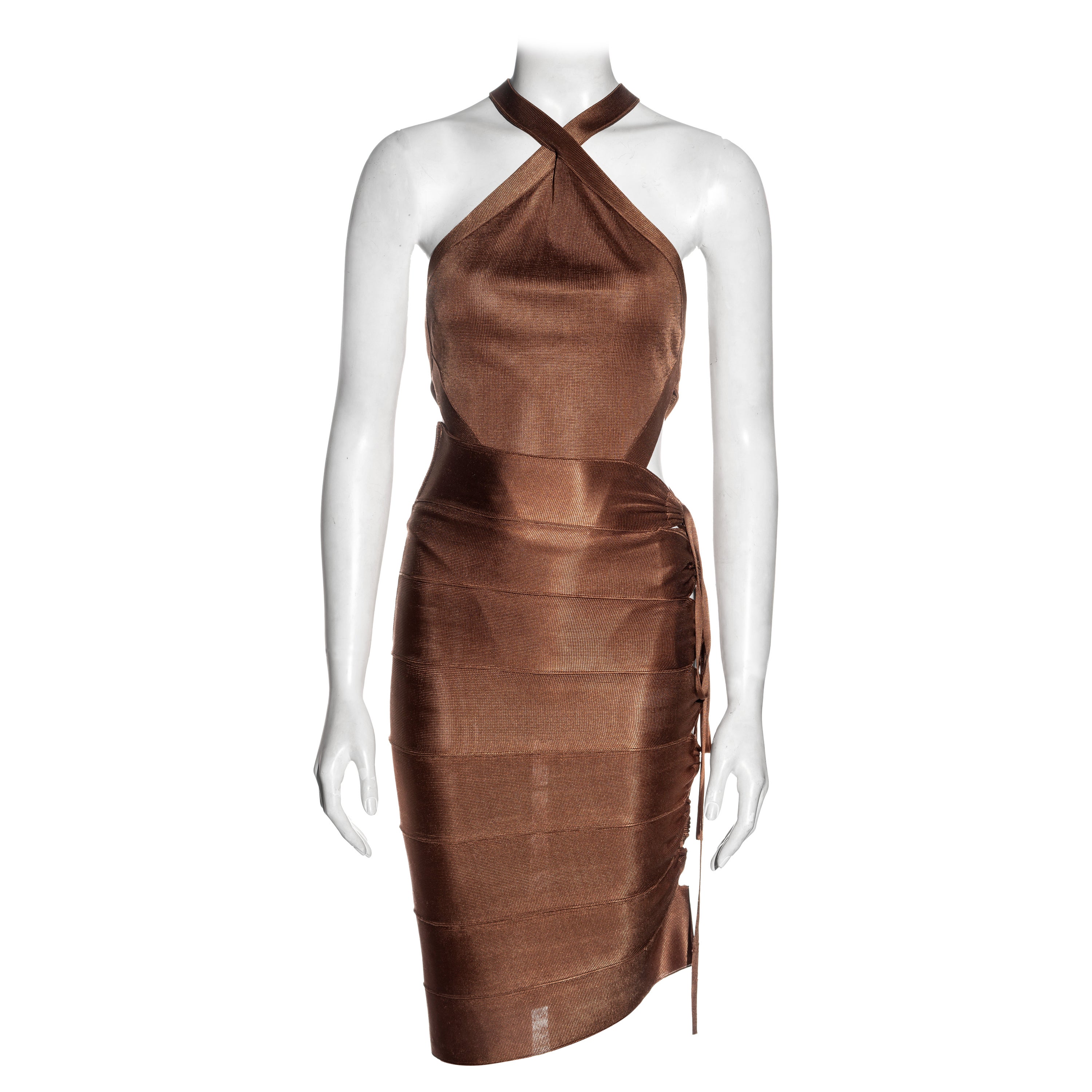 Azzedine Alaia bronze acetate knit bandage skirt and bodysuit set, ss 1986 For Sale