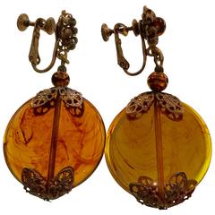 Vintage 1960s MIRIAM HASKELL Mottled Amber Glass Disc Drop Earrings Goldtone Filigree