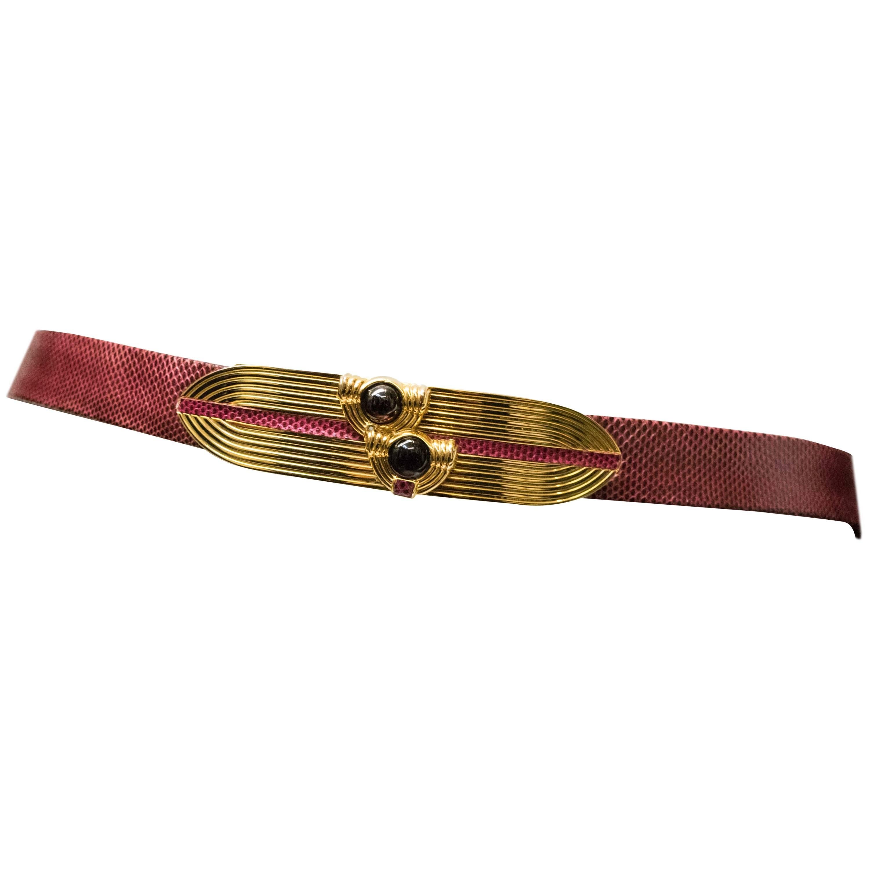 1980's Judith Leiber Maroon Lizard Skin Belt w/ Gold Tone Buckle For Sale