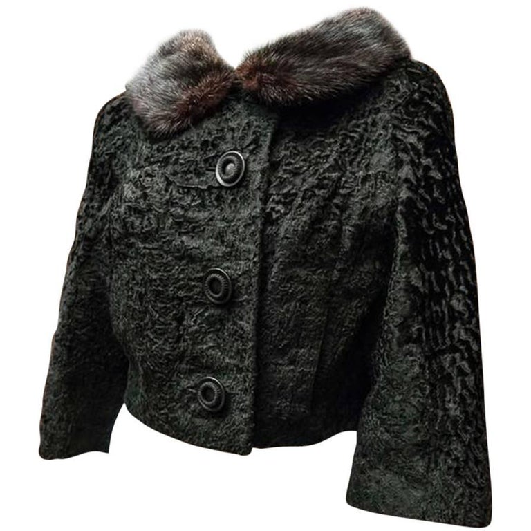 1960's Georges Kaplan Black Broadtail Cropped Jacket w/ Mink Fur Collar ...