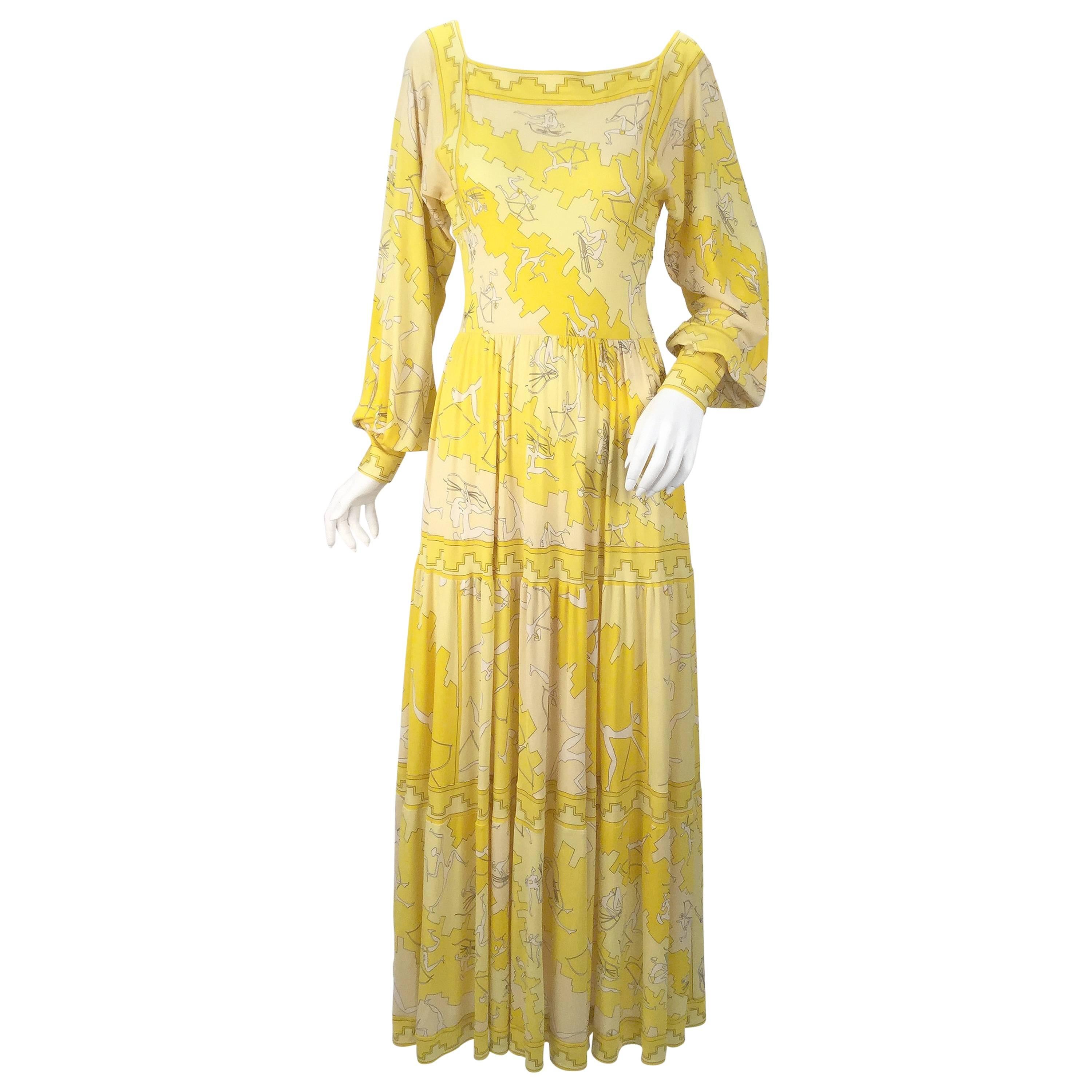 Emilio Pucci Yellow Silk Knit Abstract Olympic Print Maxi, 1970s  For Sale