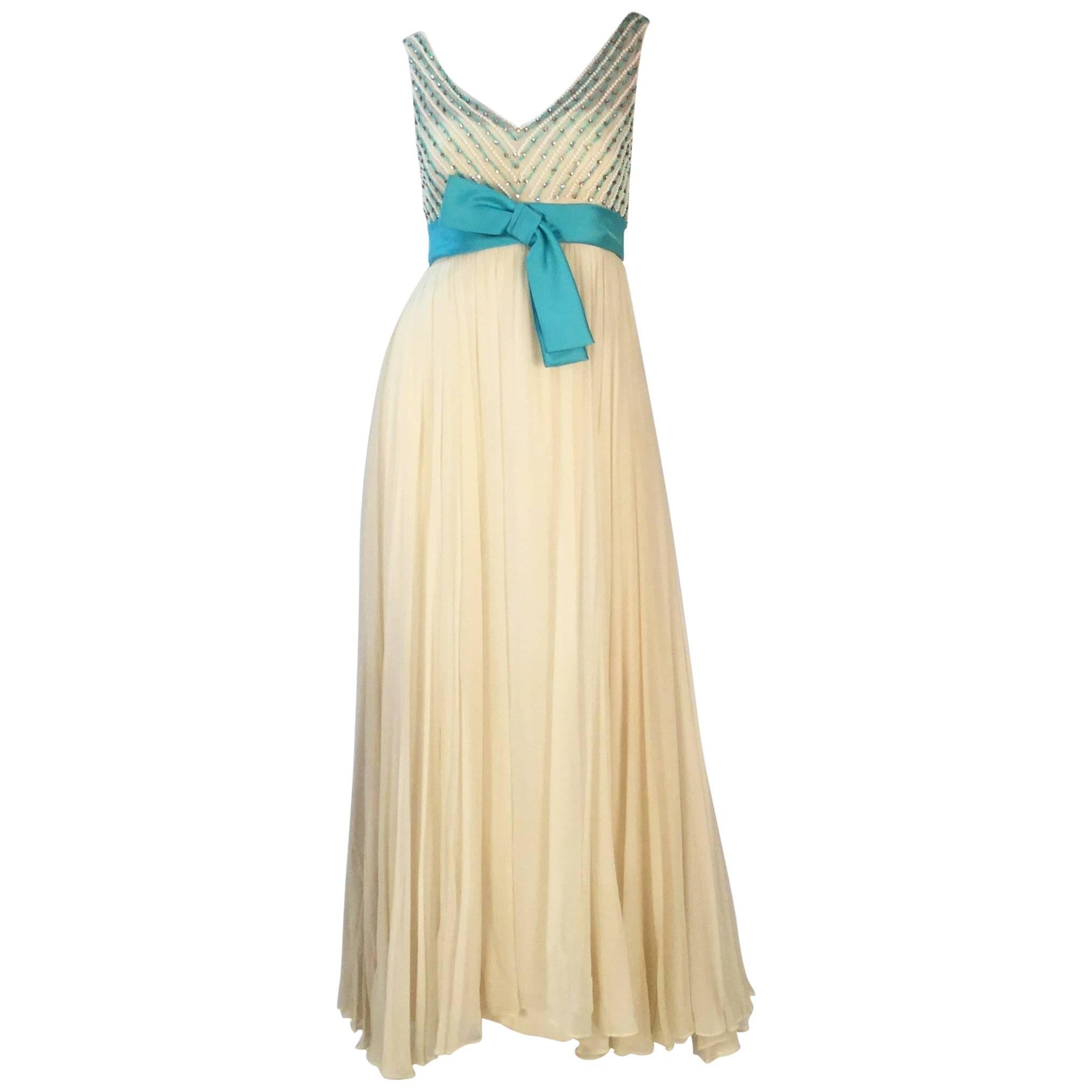 1960s Isabell Gerhart Cream and Turquoise Silk Beaded Evening Gown  For Sale