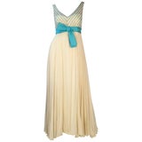 1960s Isabell Gerhart Cream and Turquoise Silk Beaded Evening Gown 