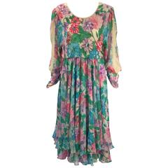 1980s Diane Freis Silk Long Sleeve Multicolor Floral Dress with Beadwork 3