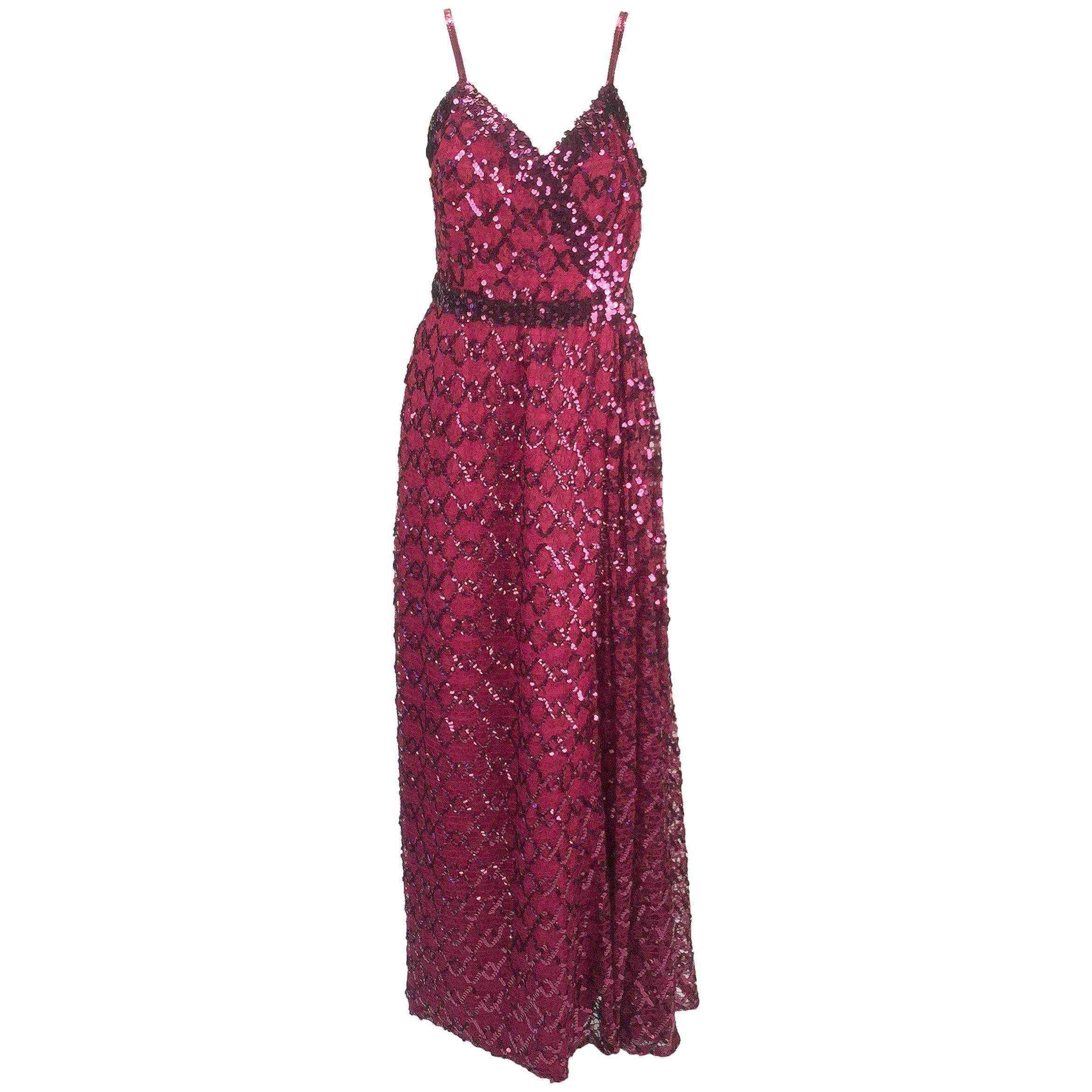 Lilli Diamond Maroon Sequined Evening Gown,  1970s  For Sale