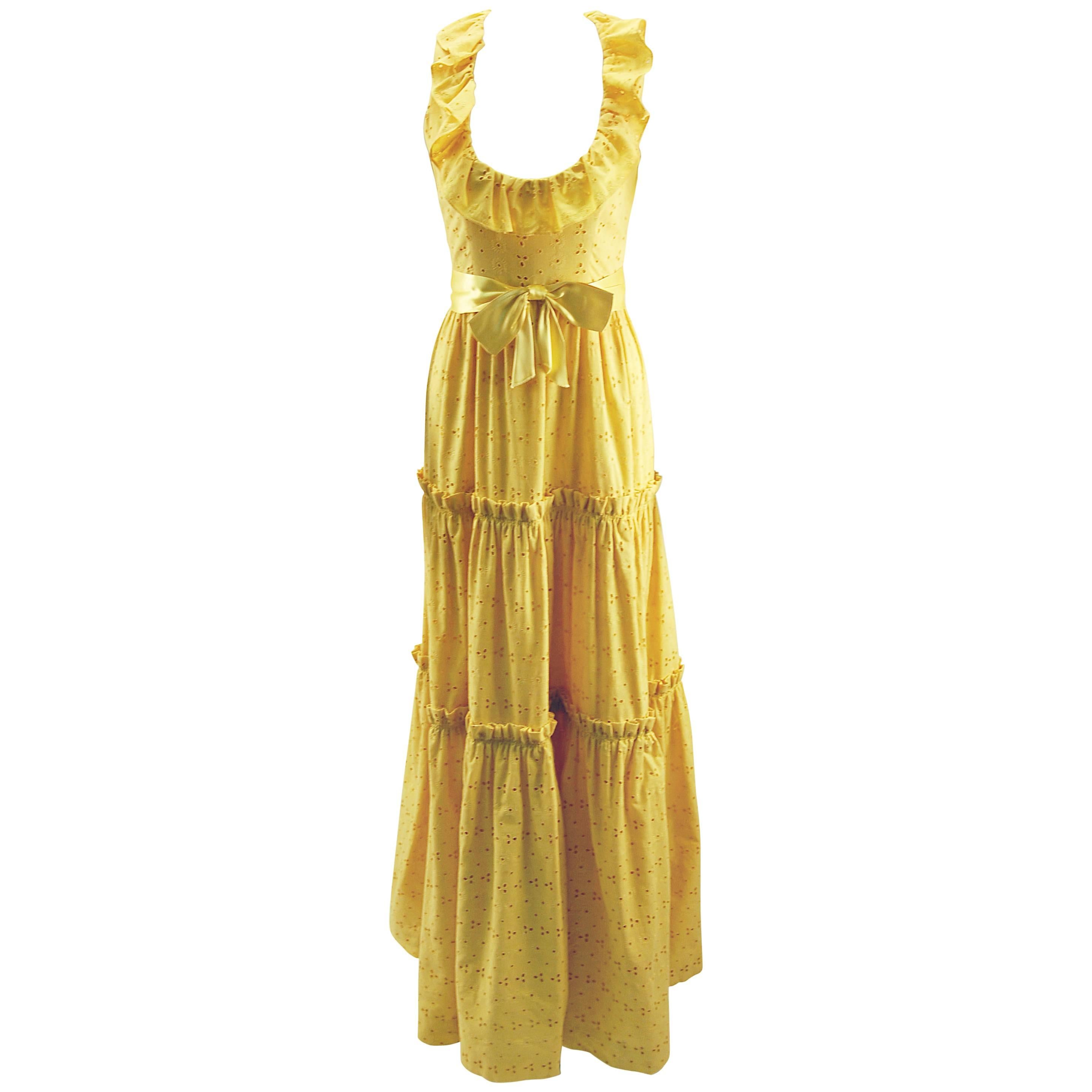 1970s Molly Parnis Summer Maxi Dress with Yellow Eyelet Lace