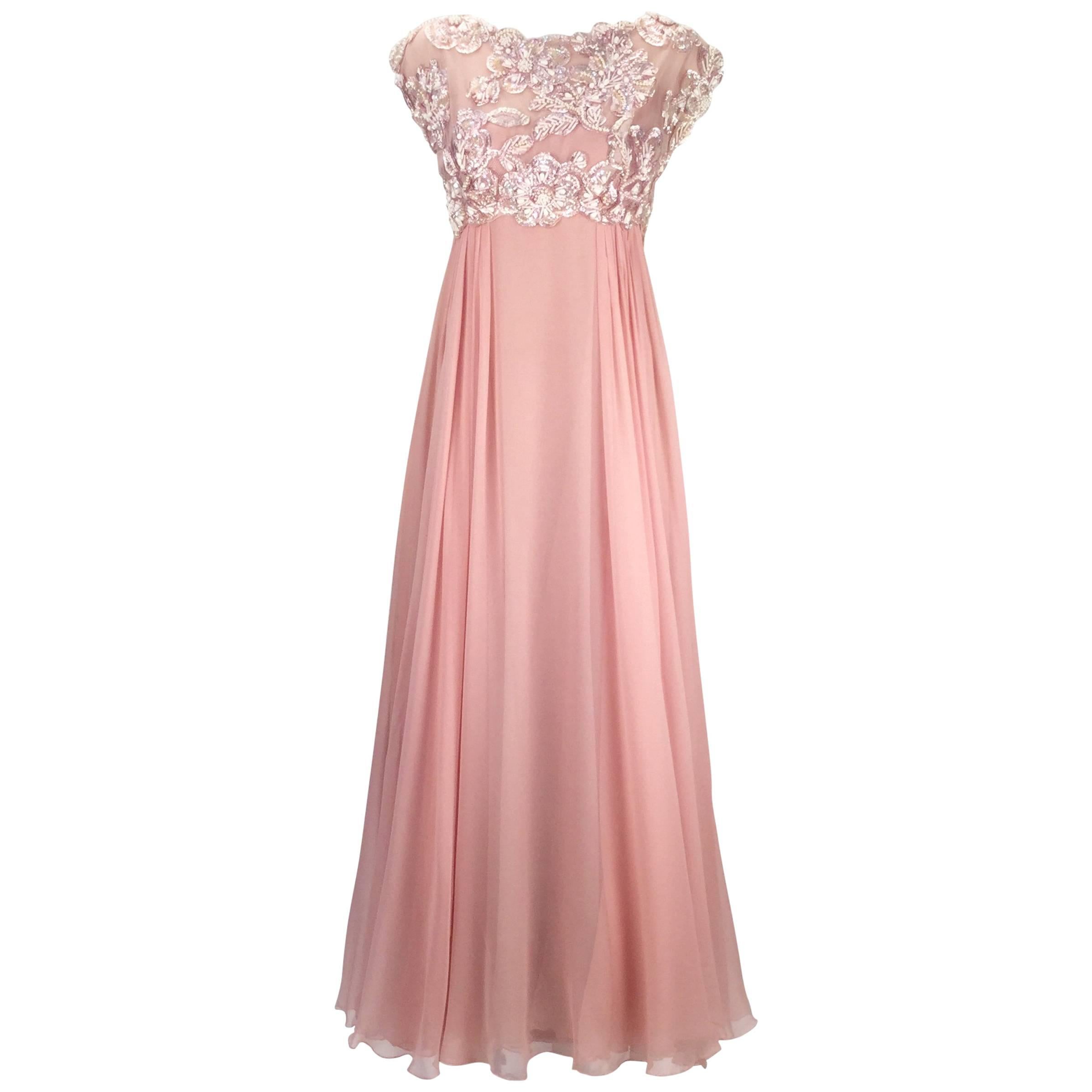 1960s Helen Rose Silk Pink Beaded Evening Gown   For Sale