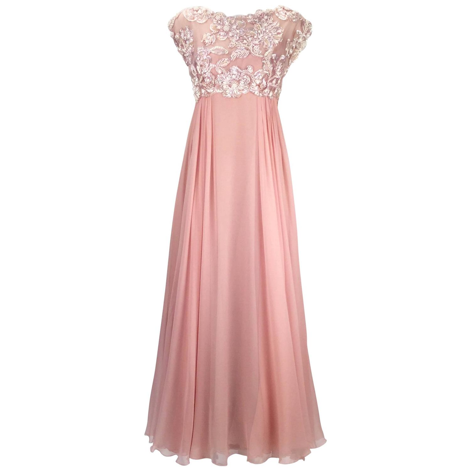 1960s Helen Rose Silk Pink Beaded Evening Gown For Sale at 1stdibs