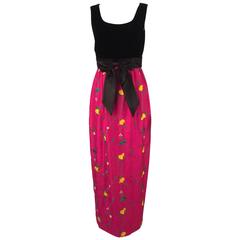 1960s Black Velvet and Fuchsia Raw Silk Embroidered Dress 2