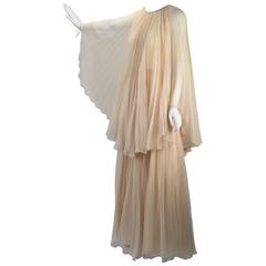 1970s John Bates for Jean Varon Sheer Nude Pleated and Tiered Batwing Gown