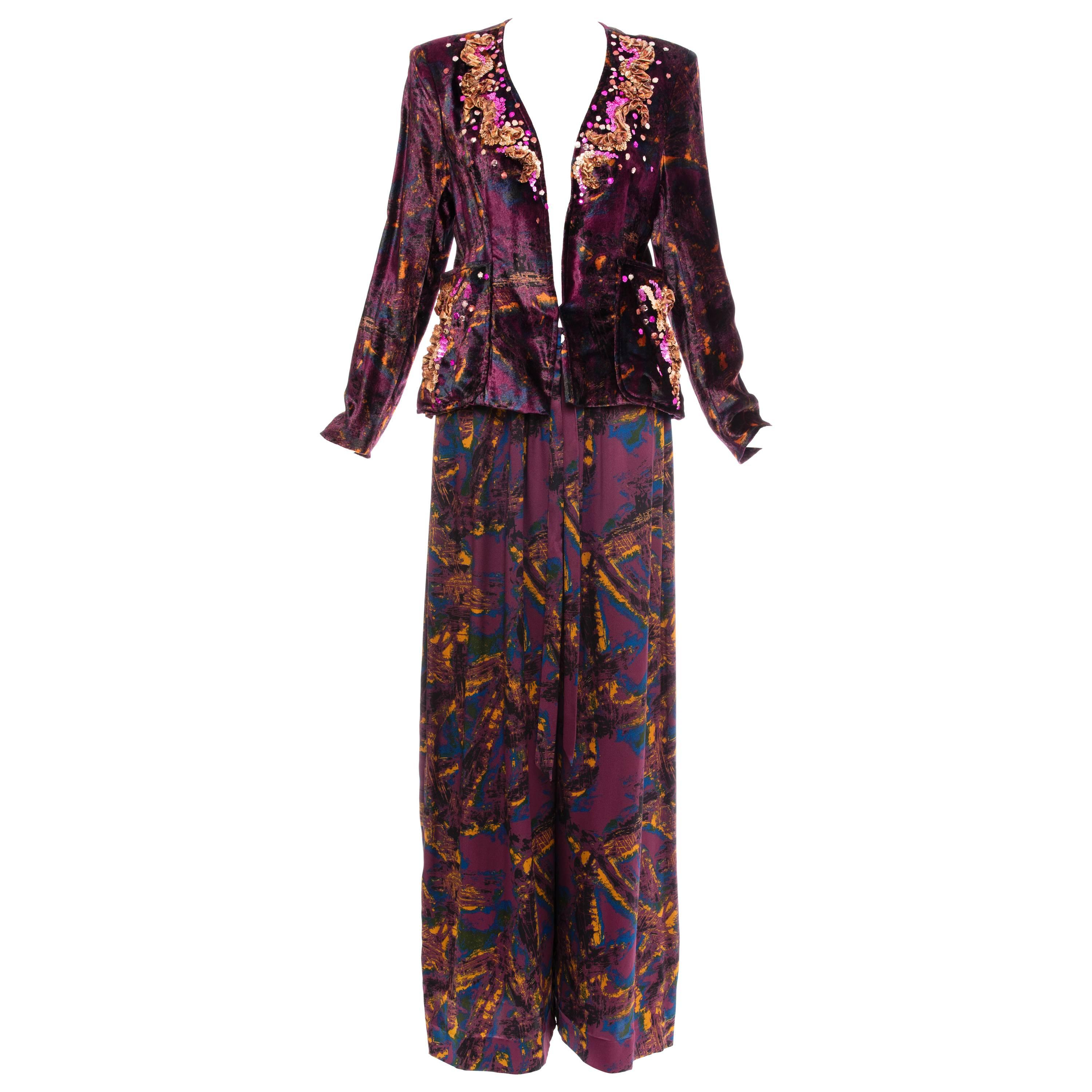 Christian Lacroix Printed Silk Charmeuse Palazzo Pant Suit, Circa 1980's For Sale