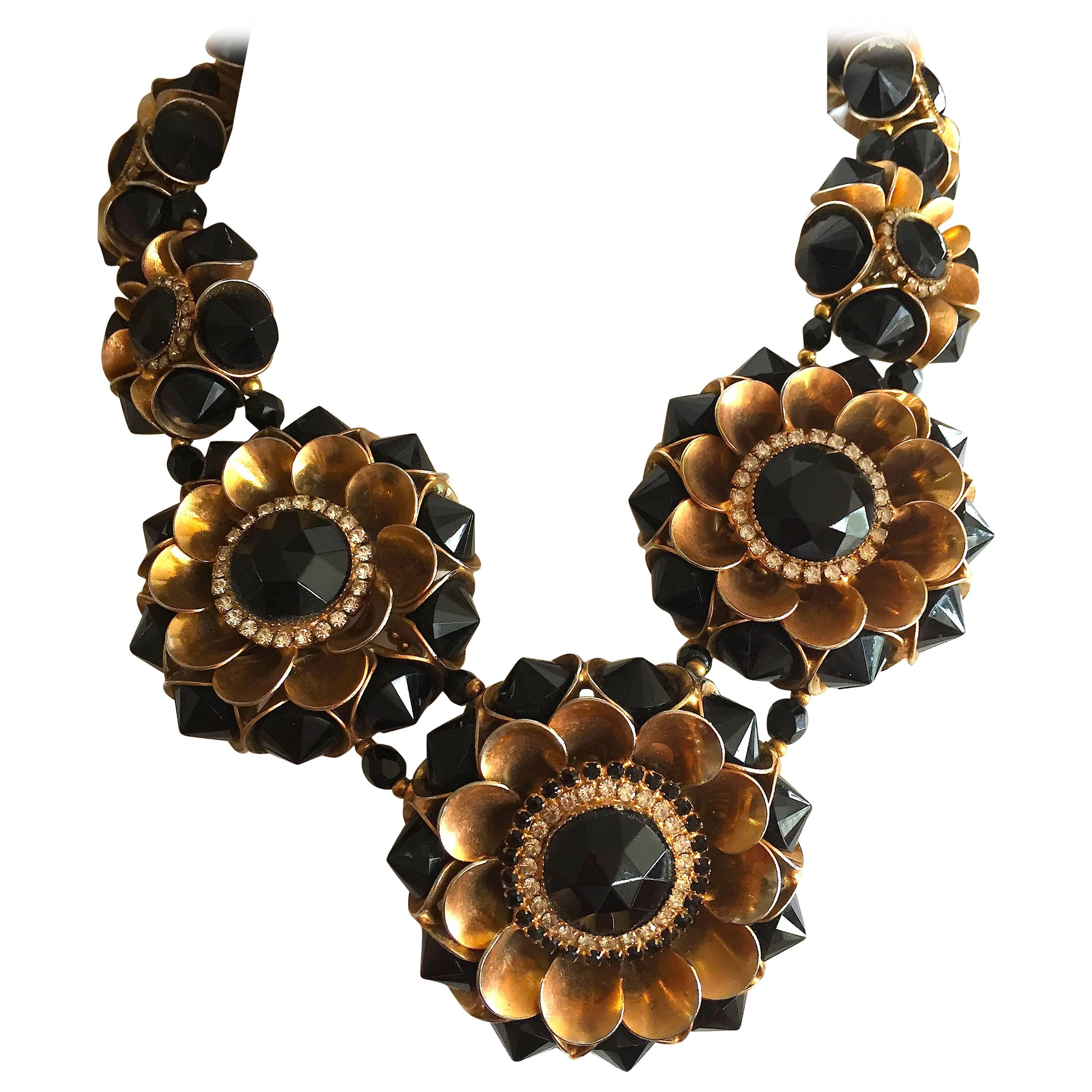 William De Lillo Bold 1970's Graduating Floral Necklace with Jet and Crystal