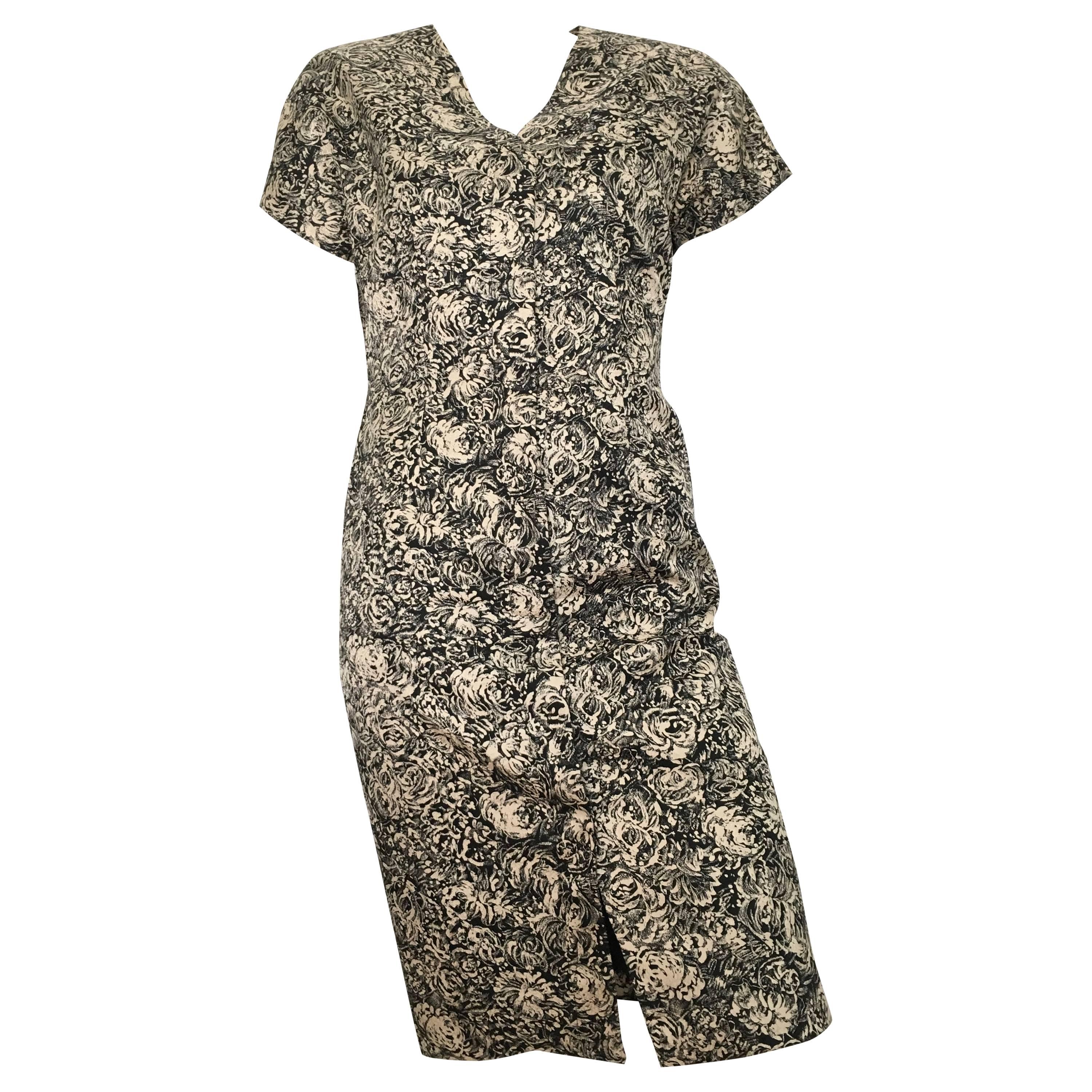 Bill Blass Silk Rose Pattern Button Up Dress Size 6. For Sale