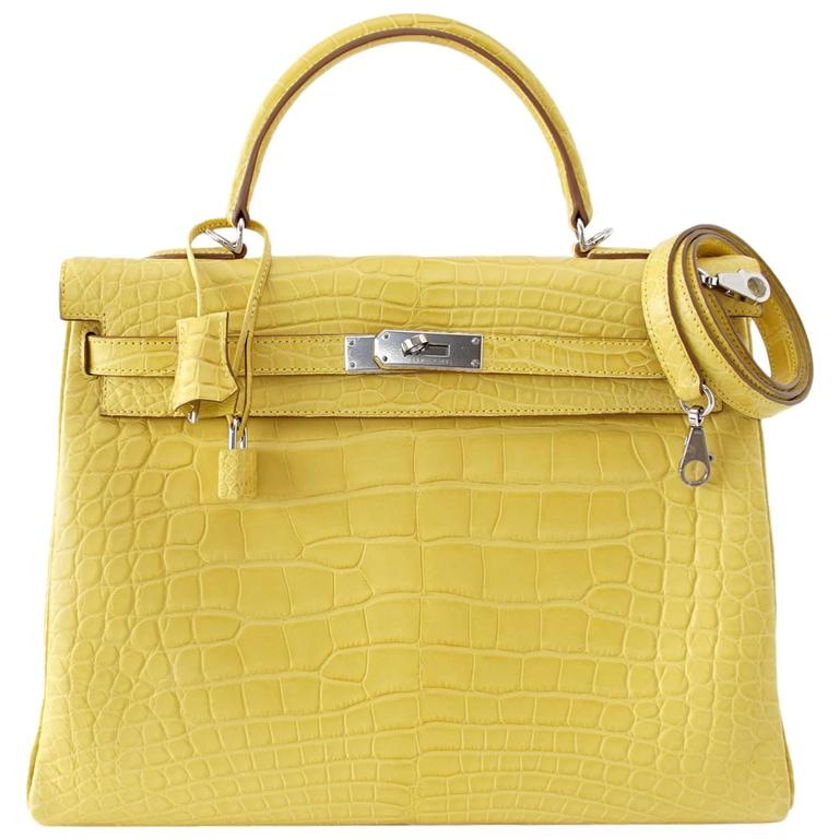 HERMES KELLY 35 Retourne Bag MIMOSA Matte Alligator Palladium Hardware Rare For Sale