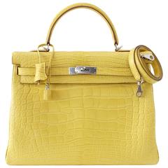 HERMES KELLY 35 Retourne Bag MIMOSA Matte Alligator Palladium Hardware Rare