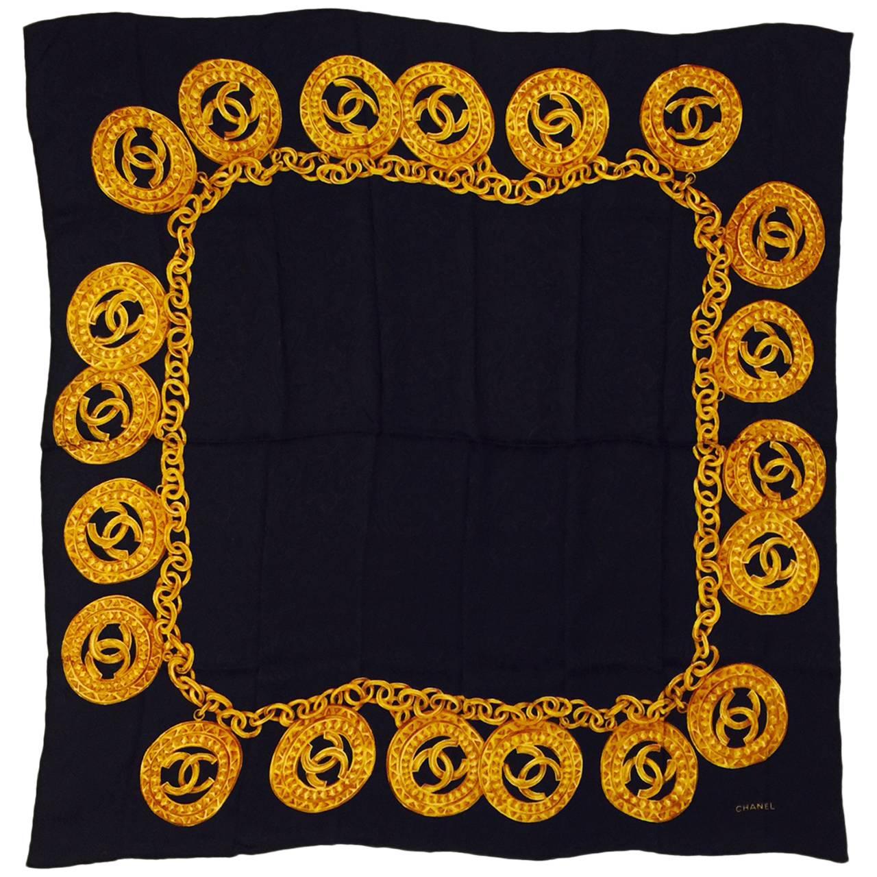 Chanel Black Paisley Silk Jacquard Scarf W Gold Chain & Double C Medallions