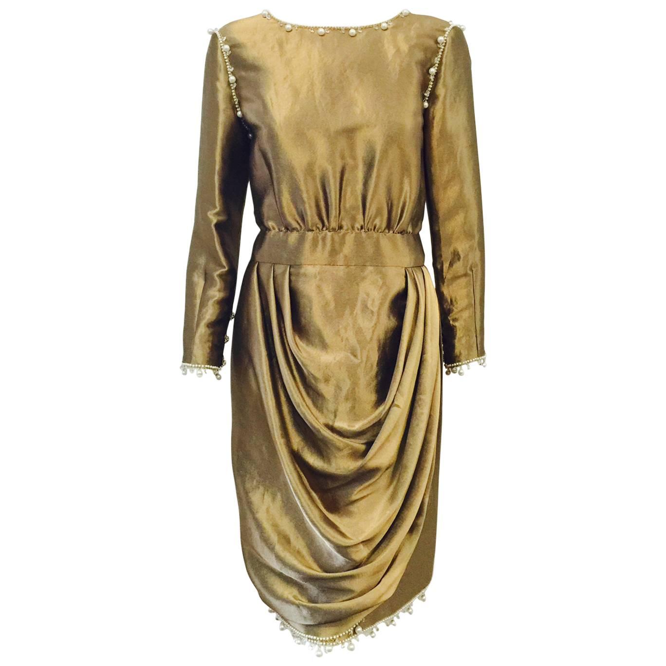 Chanel Antique Gold Metal & Silk Cocktail Dress With Faux Pearls and Crystals For Sale