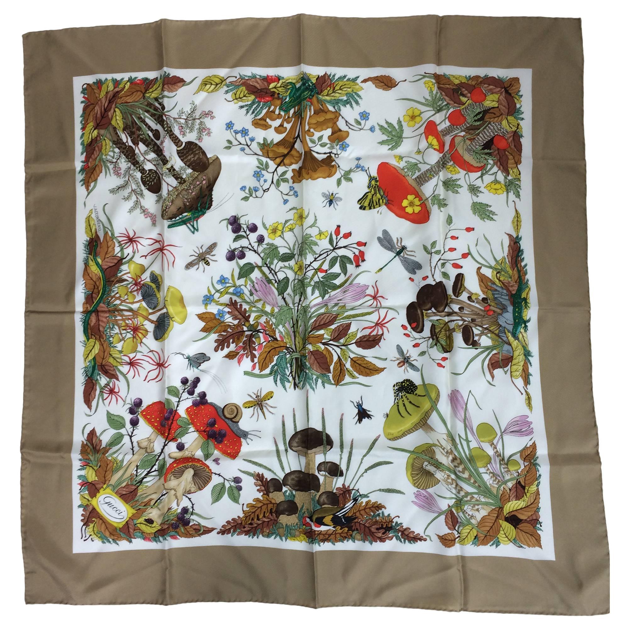 Gucci silk mushroom insect scarf designed by  V. ACCORNERO 34" x 34"