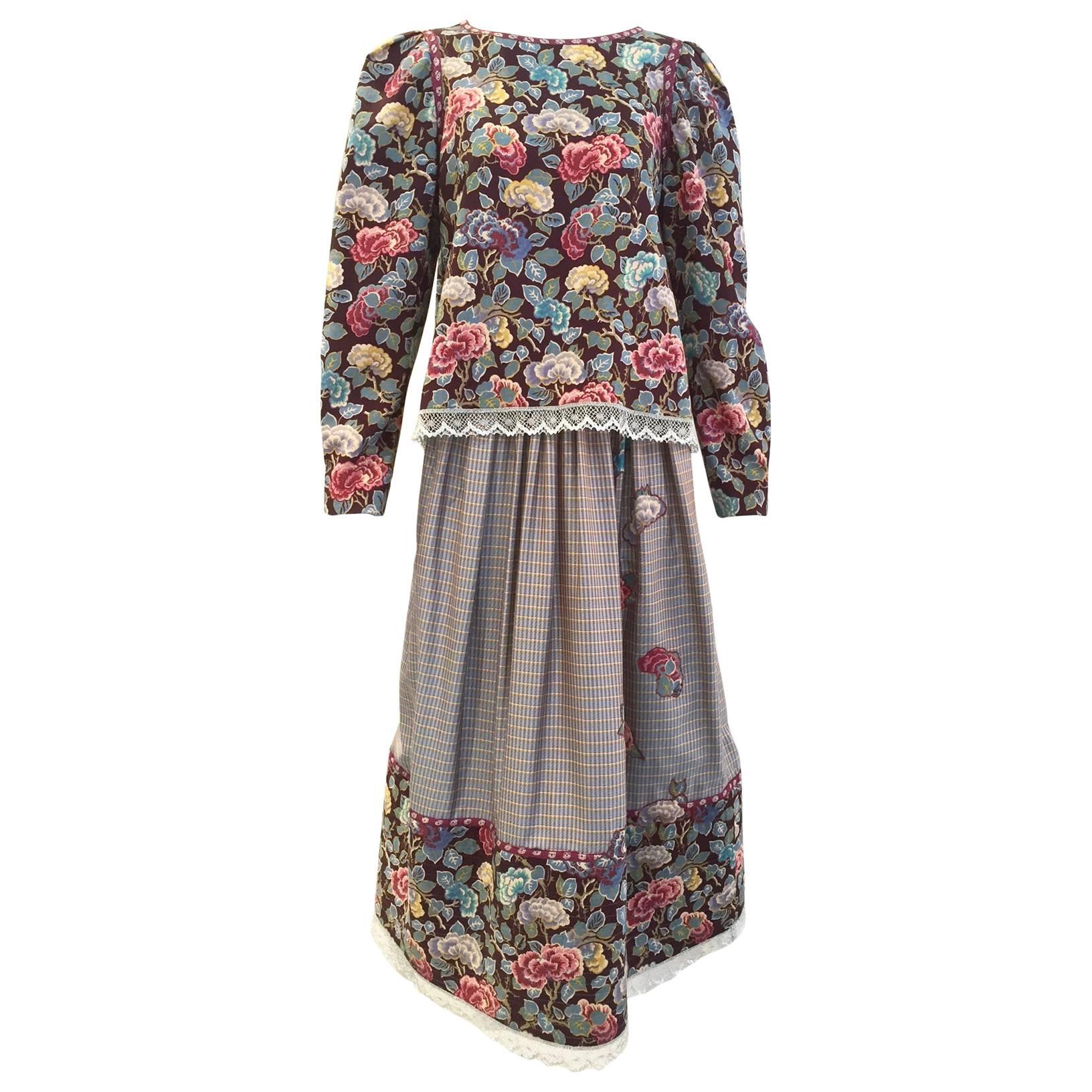 1970s Geoffrey Beene Floral Print Wool Crepe Blouse and Skirt Set