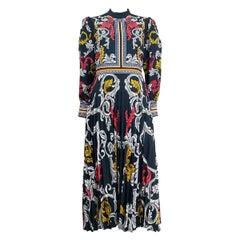 Mary Katrantzou verde petrolio, vestito MIDI a maniche lunghe, con collo a punta plissettato 42 M