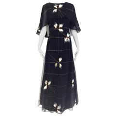 1970s Bergdorf Goodman black silk chiffon hand painted maxi dress