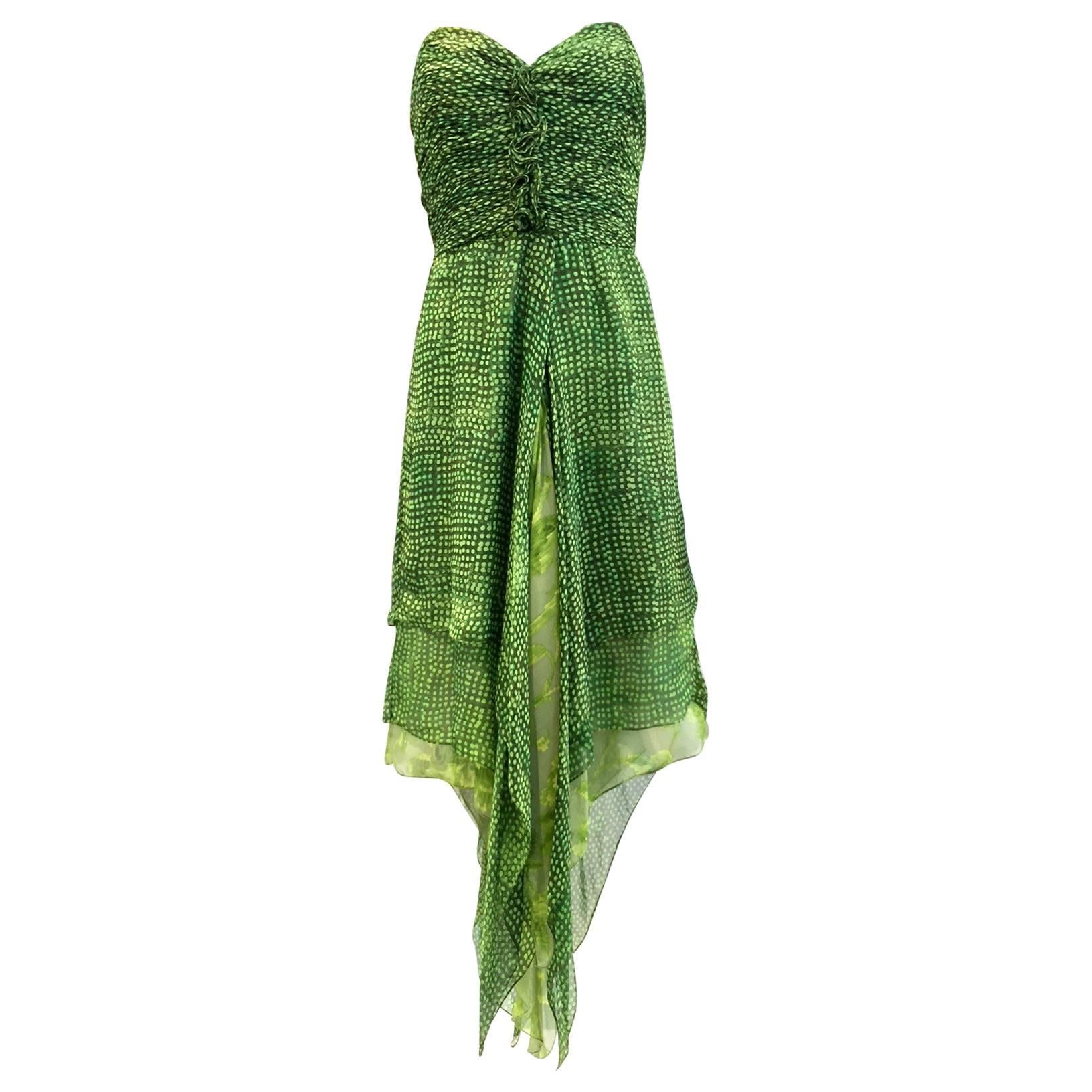 90er Jahre Oscar De La Renta grünes trägerloses Kleid aus Seidenchiffon mit Umschlagtuch