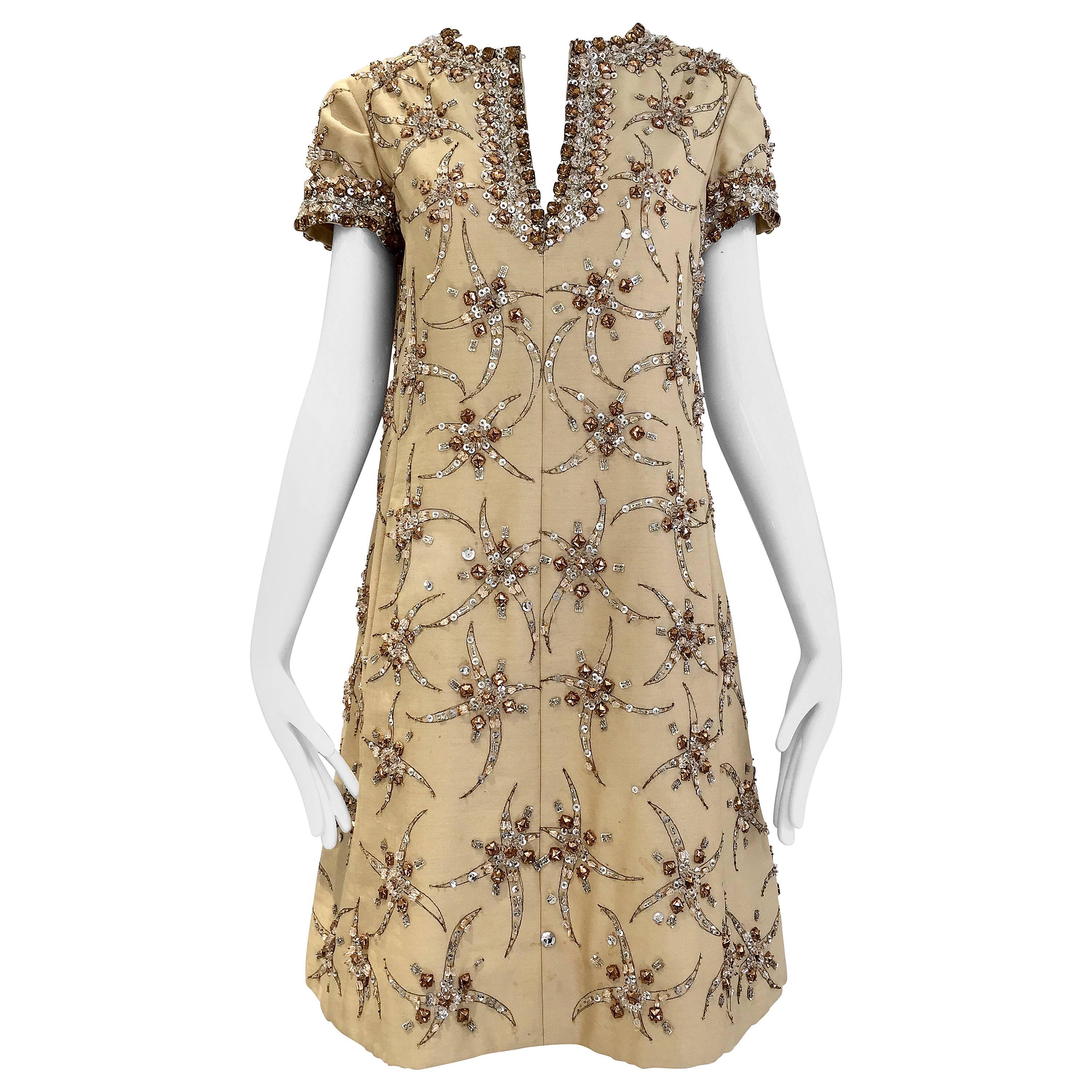 1960s Malcolm Starr coffee cream silk shantung dress with rhinestones