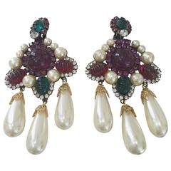 80s Larry Vrba faux pearl cabochon chandelier earrings 2