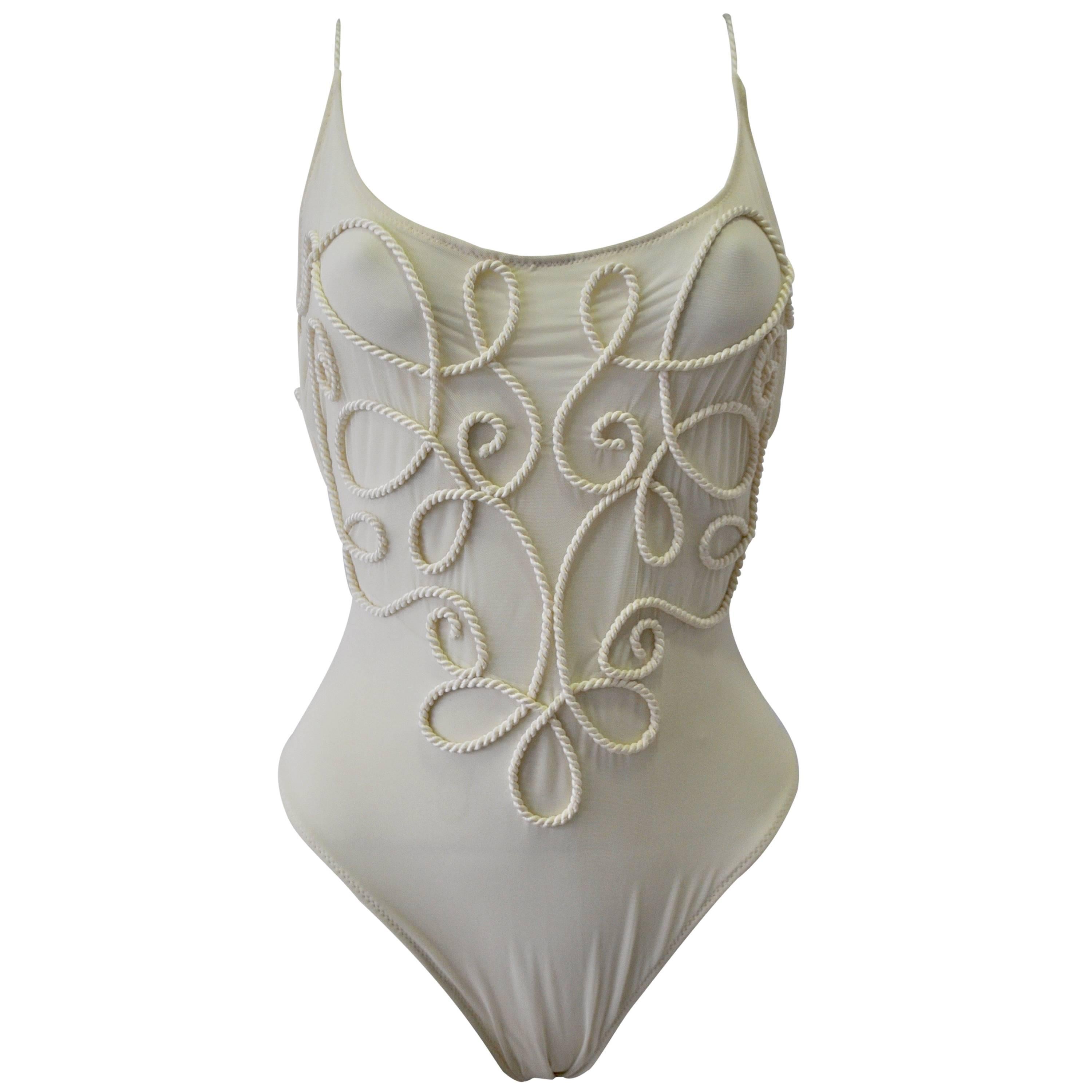 Exquisite Gianfranco Ferre Cream Rope Embroidery Embellished Swimsuit For Sale