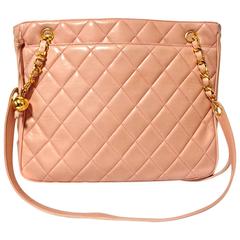 Vintage CHANEL milky pink lambskin shoulder tote bag with gold tone chain straps