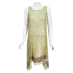 Vintage 1920's French Mint-Green Beaded Sequin Silk Chiffon Draped Flapper Dress
