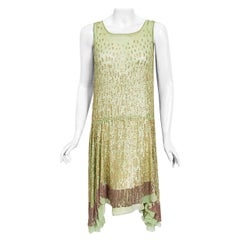 Antique 1920's French Mint-Green Beaded Sequin Silk Chiffon Draped Flapper Dress